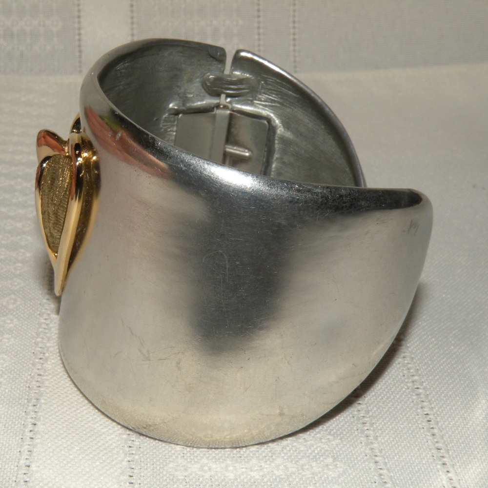 Diane von Furstenberg Silver & Gold Tone Heart 2" Wide Hinge Cuff Bracelet - Picture 7 of 12